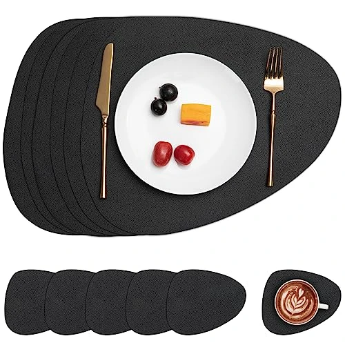 Myir JUN Set de Table en Cuir et Dessous de Verre, Set de Table Antidérapant Double Face Set de TableLavable Imperméables Set Table et Dessous de Verre Set De Table Plastique (Noir, Lot de 6)