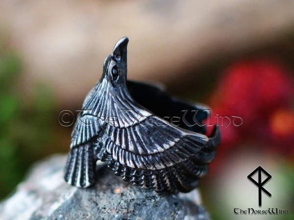 Viking Raven Ring, Flying Raven Black Steel Ring, Odin's Ravens Hugin and Munin Ring, Norse Mythology Viking Ring, Viking Jewelry
