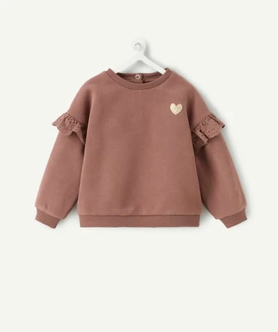 Sweat bébé fille marron uni avec volants