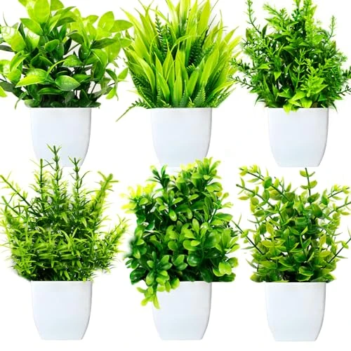 Purpledi 6 Pièces Mini Plantes Artificielles Verdure Plastique Faux Plantes avec Pot, Fausse Plante Interieur, Plante Artificielle pour Maison Salle de Bain Bureau Table Décoration D'intérieur