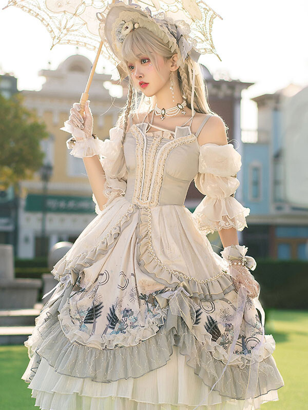 Douce Lolita Mariage OP Robe Imprimé Fleur Gris Claire Lolita Une Pièce Robe