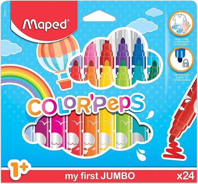 Maped Color'Peps Gros Feutres de Coloriage Premier âge pour Bébé et Enfant dès 1 an avec Pointe Sécurisée et Encre Lavable à l'eau - Boîte de 24 Feutres Jumbo Assortis