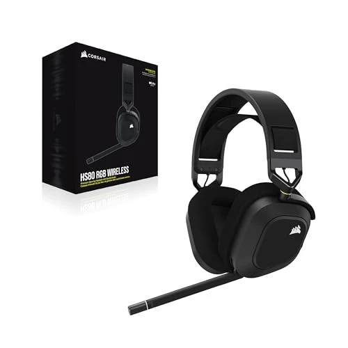 Corsair HS80 RGB Wireless Casque Gaming Premium avec Dolby Atmos Audio (Faible Latence, Microphone Omnidirectionnel, sans Fil Jusqu'à 18 Mètres, 20 Heures d'autonomie, Compatibilité PS5/PS4) Carbone
