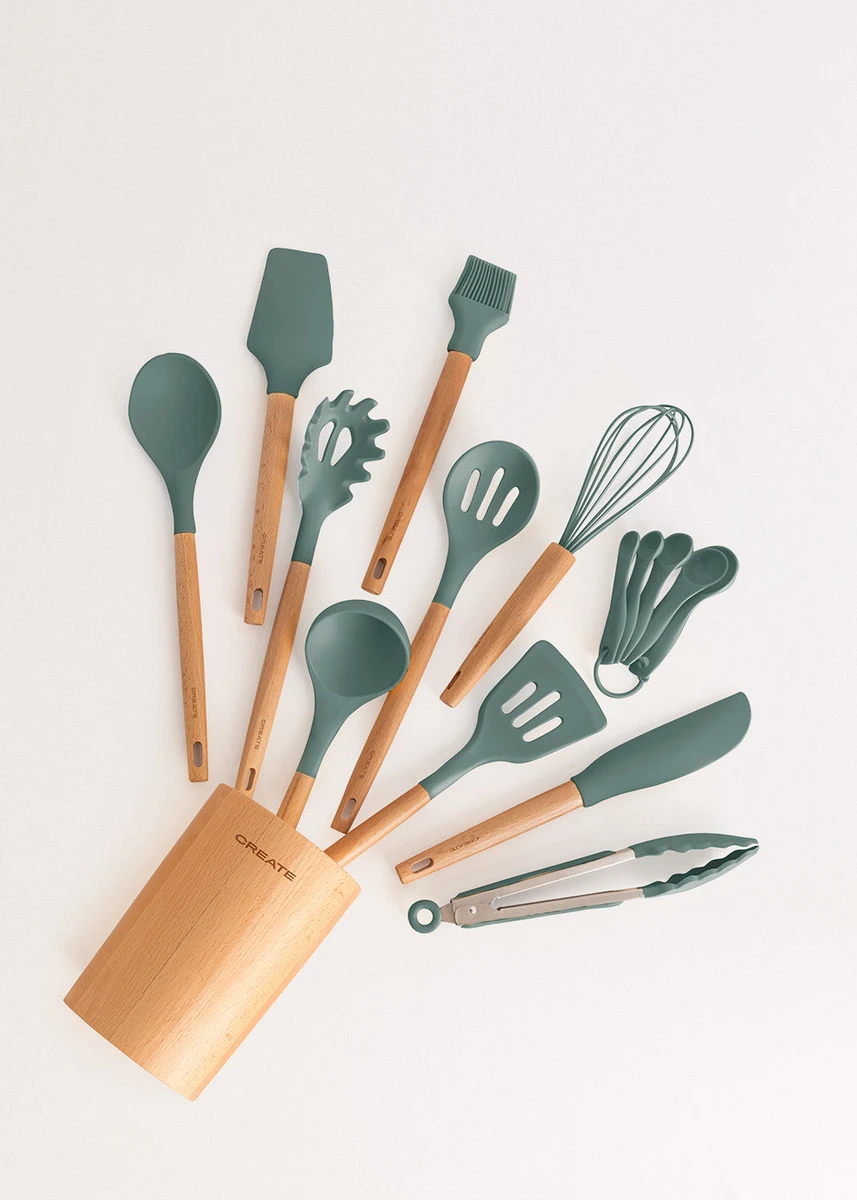 Kitchenware Studio - Ustensiles De Cuisine En Silicone Et Bois - Sauge