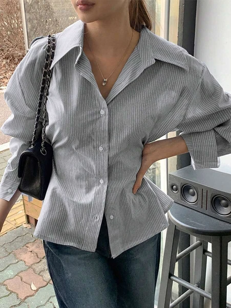 DAZY Chemise ajustée à la taille avec col rayé pour femmes, style casual chic, noire, vêtements pour le printemps/été et l'automne | Mode en ligne | SHEIN FRANCE