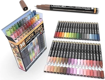 36 marqueurs de peinture acrylique extra fins de 0,7 mm et des stylos de peinture en terre naturelle pour la peinture rupestre, la toile, le verre, le bois, la céramique, le tissu. Non toxique
