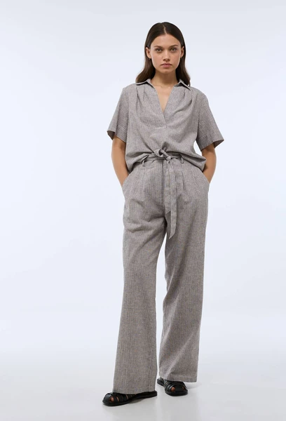 Pantalon taille haute large à rayures contenant du lin BRUN FONCE pour femme MONOPRIX