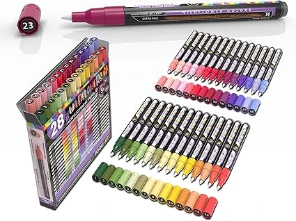 Marqueurs de peinture acrylique Wildflower Colors Studio Color Series - Paquet de 28 - Pointe extra fine de 0,7 mm - Peinture sur roche, verre, tasses, bois, métal, toile, bricolage, détails - Non...