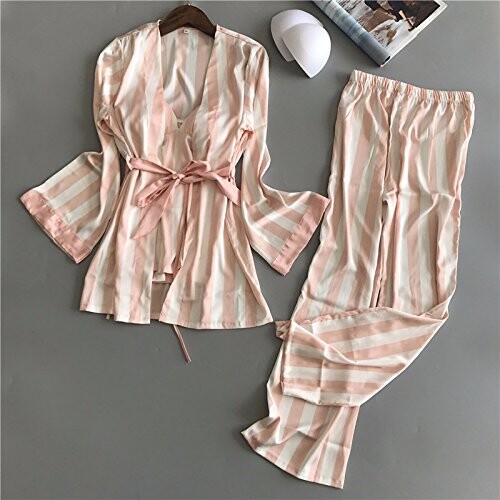 WDDGPZSY Nuisette/Pyjamas/Chemises De Nuit/Vêtements De Nuit/Homewear/Chemises De Nuit/3 Pcs Glace de Soie Stripe Femme Pyjama Camisole Long Ceinture Pyjama Femme, Rose, M