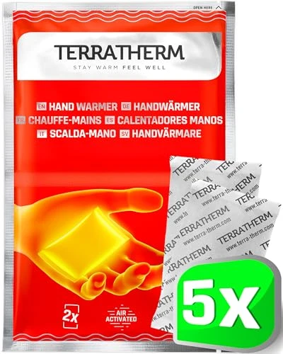 TerraTherm Chauffe-Mains - activés par l'aire - 12 Heures de Chaleur - 5, 10 ou 30 Paires - Chauffe Mains de Poche - Chaleur 100% Naturelle, 5 Paires