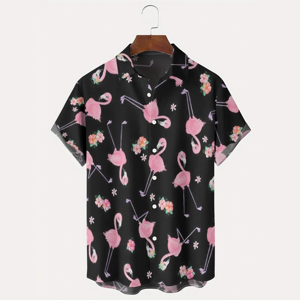 Pink Flamingo Print Black Hawaiian Short Sleeve Shirt - Tropi Hawaiian Shirts