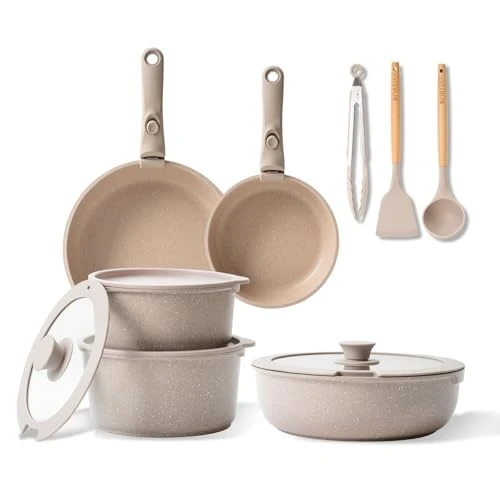 BOREINE Batterie de Cuisine 14 Pce, Lot Casserole et Poele avec Poignee Amovible et Couvercle, Revêtement Antiadhésif en Granit sans PFOA, Compatible Tous Feux (Induction, Vitrocéramique, Gaz)