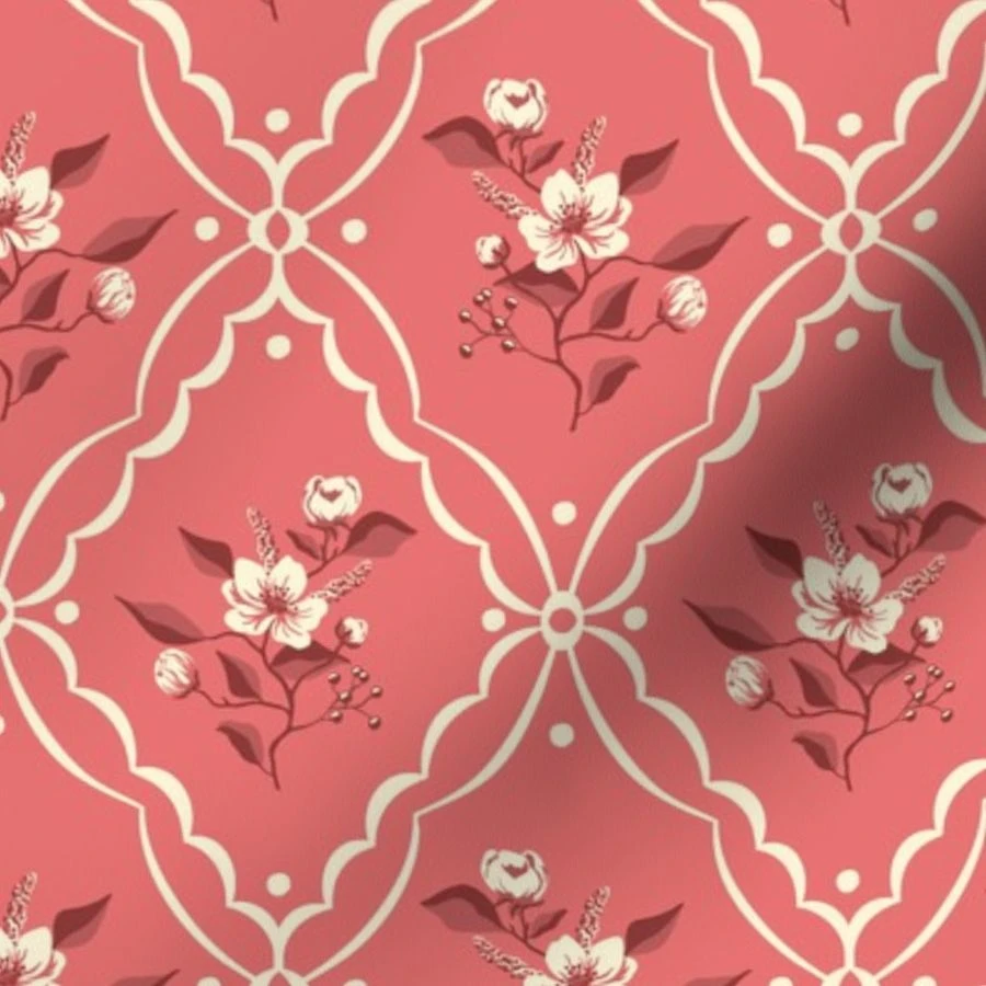 Fabric in Cottage Diamond Floral - Medium - Coral - Cottagecore - Cottage Core