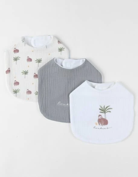 Lot de 3 bavoirs imprimé gorille en mousseline ecru - Noukies