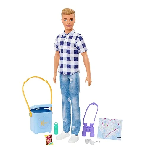 Barbie Poupée Ken Camping avec Chemise à Carreaux, Jean Effet usé et Baskets Blanches, avec 6 Accessoires de Camping, Jouet Enfant, Dès 3 Ans, HHR66