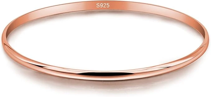 Dankadi Bracelet Fin en 925 Argent 3MM de Large Plat Demi-Rond, 60MM 65MM 68MM de Diamètre Lot de 1/2/3 Plaqué Or Rose Jonc de Manchette Lisse Simple Style Classique Pour Femme Mère Adulte