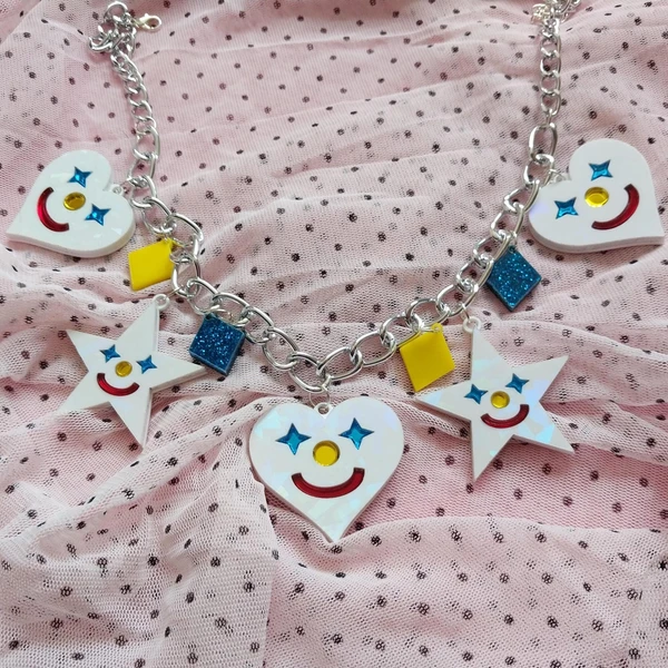 Clown, Hearts, and Stars Circus Theme Acrylic Charm Necklace, Silver Tone Chain with 3" Extender, Plastic Laser Cut Jewelry Clowncore