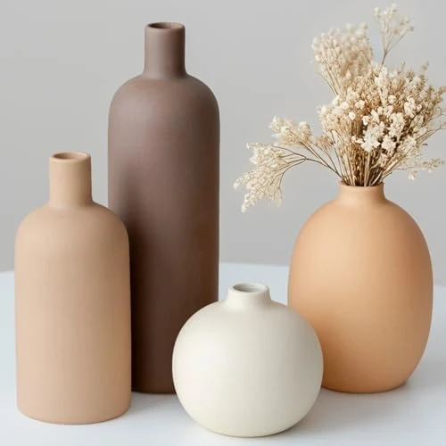 Lot de 4 vases modernes en céramique, couleurs Morandi, décoration de table minimaliste, style nordique, neutre, bohème, scandinave, (lot de 4, café clair)