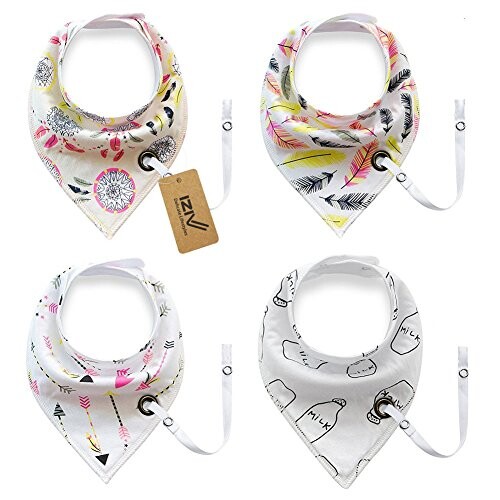 iZiv Lot de 4 Bavoirs Bébé Bandana Bavoir avec Boucle Réglable et Attache-sucette, Absorbent Coton Doublure 0-2 ans (Couleur-7)