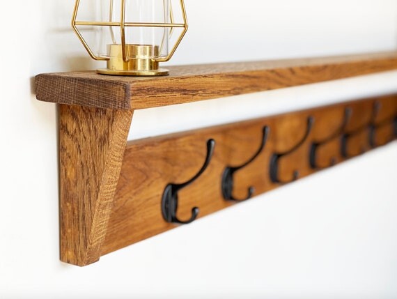 Walnut Coat Rack with Shelf made from Oak- Wooden Vintage Entryway Shelf with Cast Iron Finish Hooks