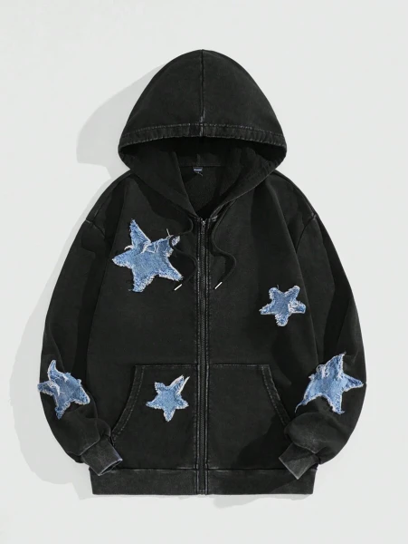 ROMWE MEN Prep Sweat-shirt à capuche pour hommes avec col montant, fermeture éclair, cordon de serrage et patch étoile automnal | Mode en ligne | SHEIN FRANCE