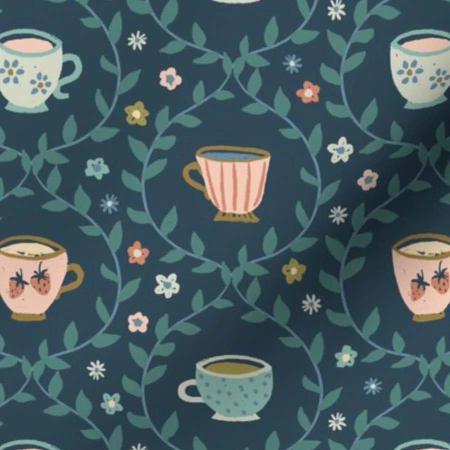 Fabric in Spring garden tea party floral strawberry leaves blush pink green