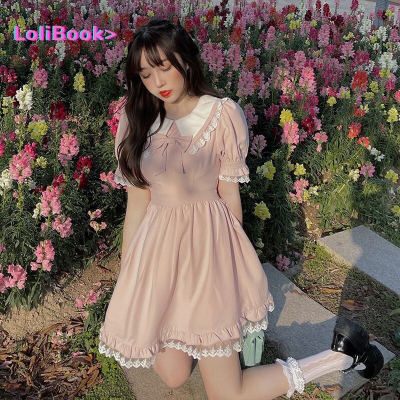 Lolibook – robe d'été Lolita Kawaii en dentelle pour femmes, Vintage japonais, nœud rose, Mini, jolie princesse, manches à bulles