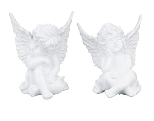 Zweipappel Figurine Ange Gardien Assis Rêvant - Lot de 2 en Résine Blanc Crème - Décoratif Enfant Petit Ange