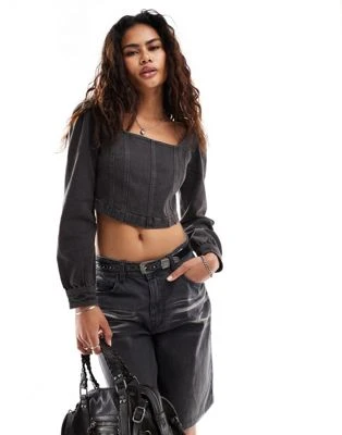Lee - Top corset à manches longues en jean - Noir délavé