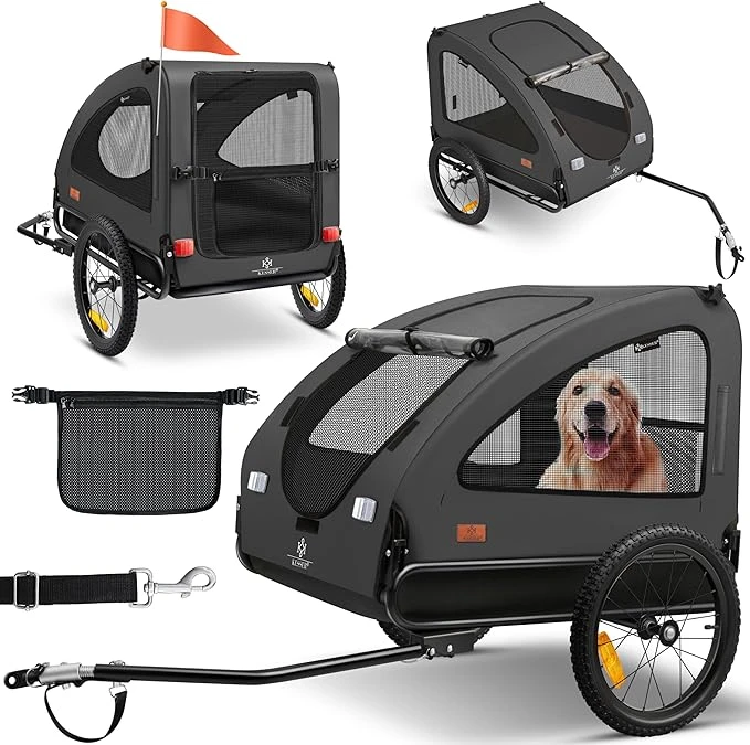 KESSER® Remorque de vélo pour chien Boxer 2 en 1 poussette pour chien - Grande remorque Volume : 250 l - Drapeau et sac inclus - Toile Oxford 600D pliable SmartSpace Concept, max. 45 kg, anthracite