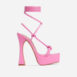 Heat-Wave Knotted Detail Lace Up Square Toe Platform Flared Heel In Pink Faux Leather