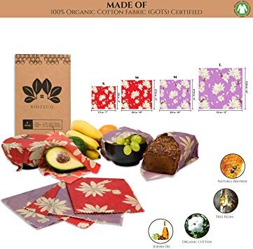 Biozeco Lot de 8 | 4 Emballages cire d'abeille Bio | Bee wrap | 4 sacs fruits et légumes en filet de coton Bio | Alternative Naturelle et Durable pour Conserver Vos Aliments.: Amazon.fr: Cuisine & Maison
