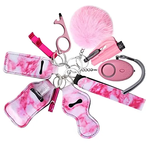 Ensemble de Porte-clés d'autodéfense, RosyFate 8 in 1 Porte-clés Self Defense, Self Defense Keychain Kit, avec Alarme de Sécurité Personnelle, Marteau de Sauvetage(Rose)