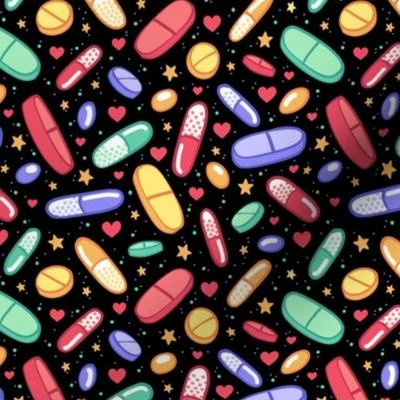 Colorful Pills on Black Fabric | Spoonflower