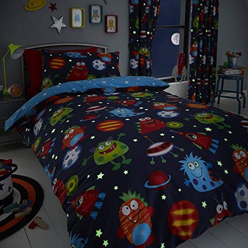 Happy Linen Company Parure de lit réversible - Enfant - Motif Espace/Monstres/planète - Bleu/Fluorescent - lit 1 Personne