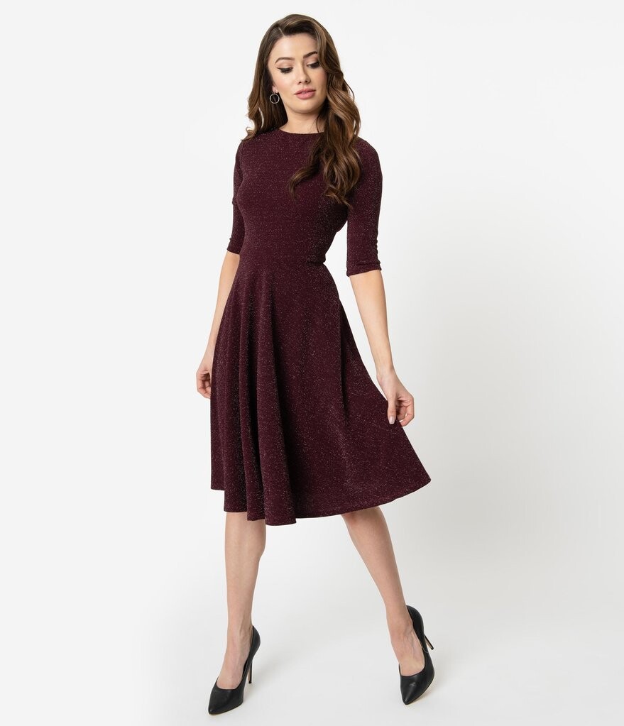 Unique Vintage 1950s Style Burgundy Sparkle Nicole Swing Dress