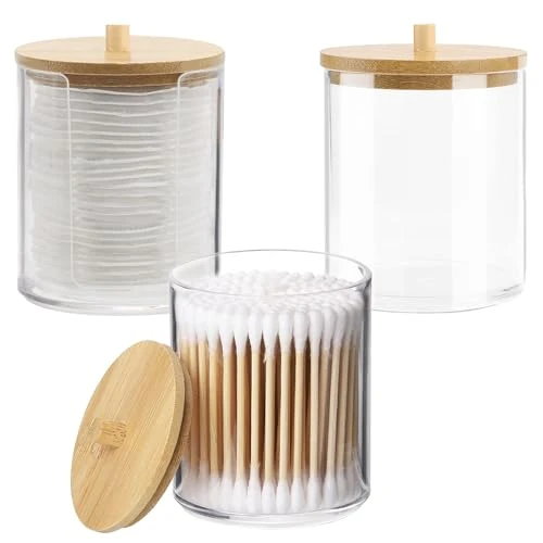 Diompirux 3 Pièces Distributeur Boite Coton Tige en acrylique, Rangement Coton avec Couvercle en Bambou, étanche poussière et à lhumidité, pour le fil Dentaire, les Houppettes, éponges de maquillage
