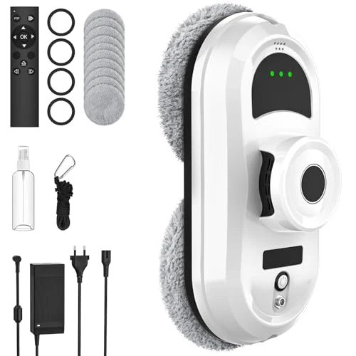 Robot Nettoyeur Vitres, 5600Pa Robot Laveur de Vitre Automatique avec Fonction de Pulvérisation D'eau Automatique, 3 Modes de Nettoyage, Navigation Intelligente, Télécommande＆10 Chiffons de Nettoyage