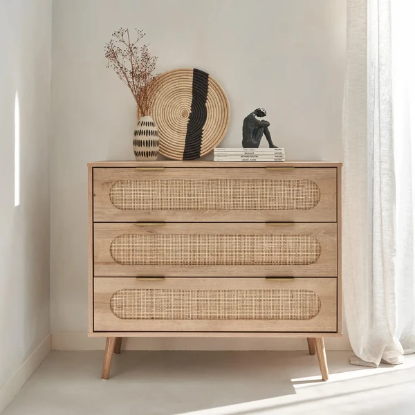 Commode décor bois et cannage arrondi 3 tiroirs