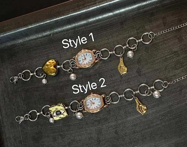 Vintage Pearl Watch Bracelet, Punk Gold Watch Bracelet, Silver ChainBracelet, Eye of God,Heart,Little Hand Charm Clock Bracelet, Y2K Jewelry