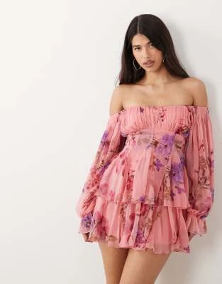 ASOS DESIGN - Robe courte double épaisseur à fleurs avec épaules dénudées et godets - Rose
