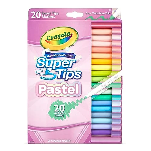 CRAYOLA Pastel - Super Tips, Feutres Lavables Pointe Moyenne, Pack de 20 Pièces, pour l'École et Le Temps Libre, Couleurs Pastel, 58-7517