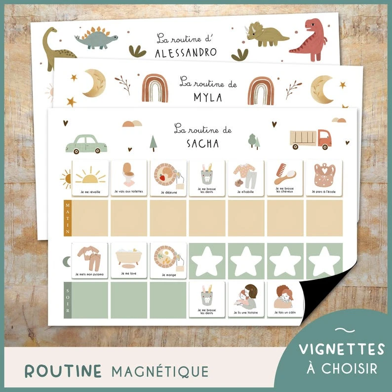 Montessori magnetic routine for children - Morning and evening - personalized routine with first name, stickers of your choice - for fridge,