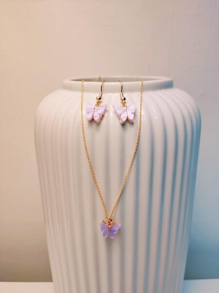 SET Collier argent 925 et Papillon violet + Boucles d'oreilles papillon violet