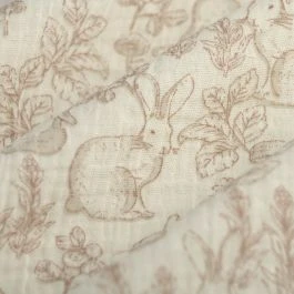 Tissu double gaze lapin champignon sépia écru