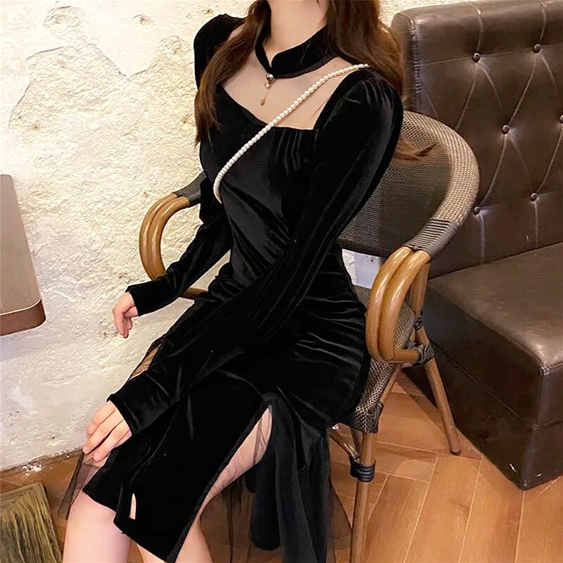 Robe Vintage noire pour femmes, tenue de soirée, style gothique, une pièce, à manches longues, Slim, printemps, hiver, 2021