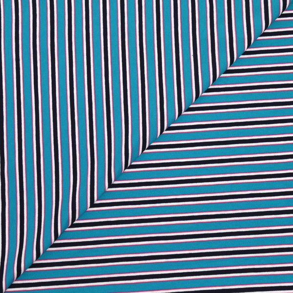 Jersey de coton rayures bleu nuit et roses fond turquoise
