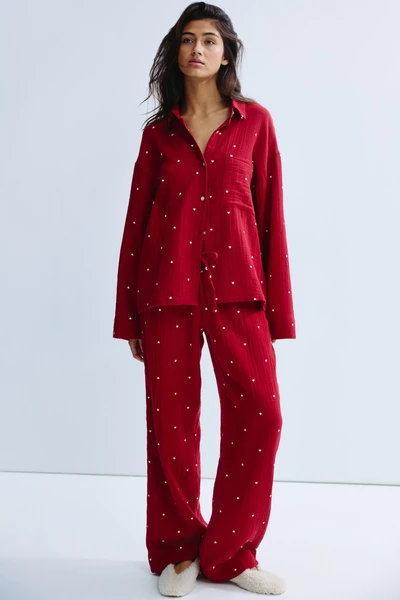 Pyjama en mousseline de coton - Rouge foncé/cœurs - FEMME | H&M FR
