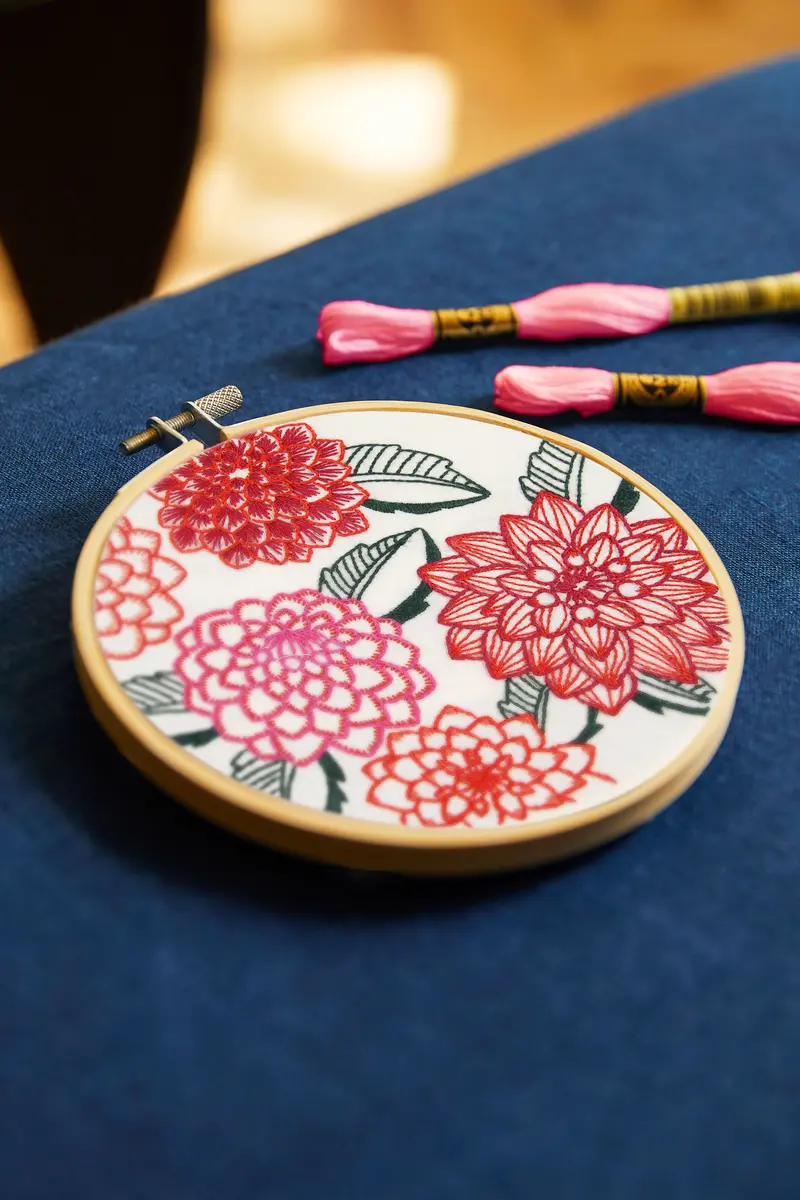 Dahlias par Marie-Dominique Procureur, niveau facile, kit de broderie - DMC