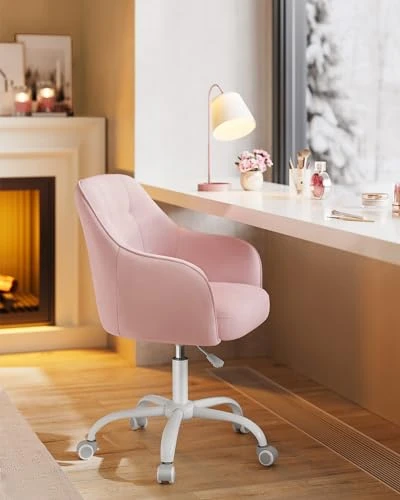 SONGMICS Chaise de Bureau, Fauteuil Ergonomique, Siège Pivotant, Réglable en Hauteur, Capacité 110 kg, Cadre en Acier, Tissu Velours Respirant, pour Bureau, Chambre, Rose Bonbon OBG019P02
